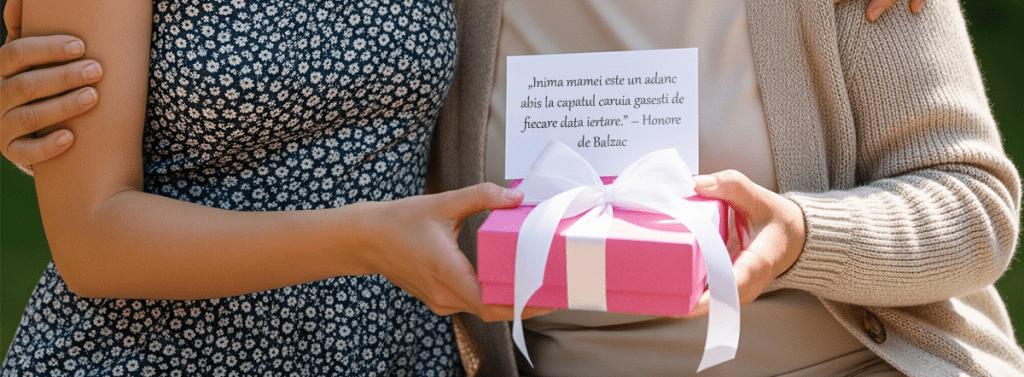 o fata care ii ofera mamei un cadou cu niste citate despre mama emotionante
