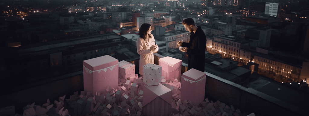 un cuplu care se bucură de un cadou surpriză